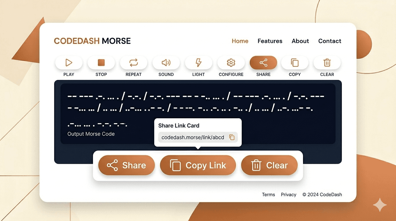 Illustration showing share, copy, and clear actions inside the Morse code translator